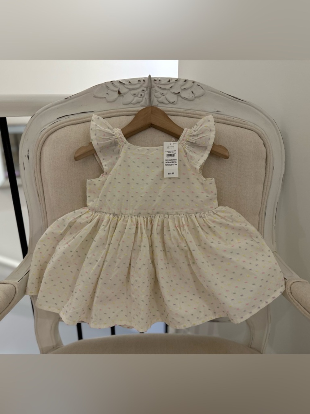 🤍 12~18 Mth GAP Baby Ivory~Cream Polka Dot Confetti Flutter Sleeve Dress NWT